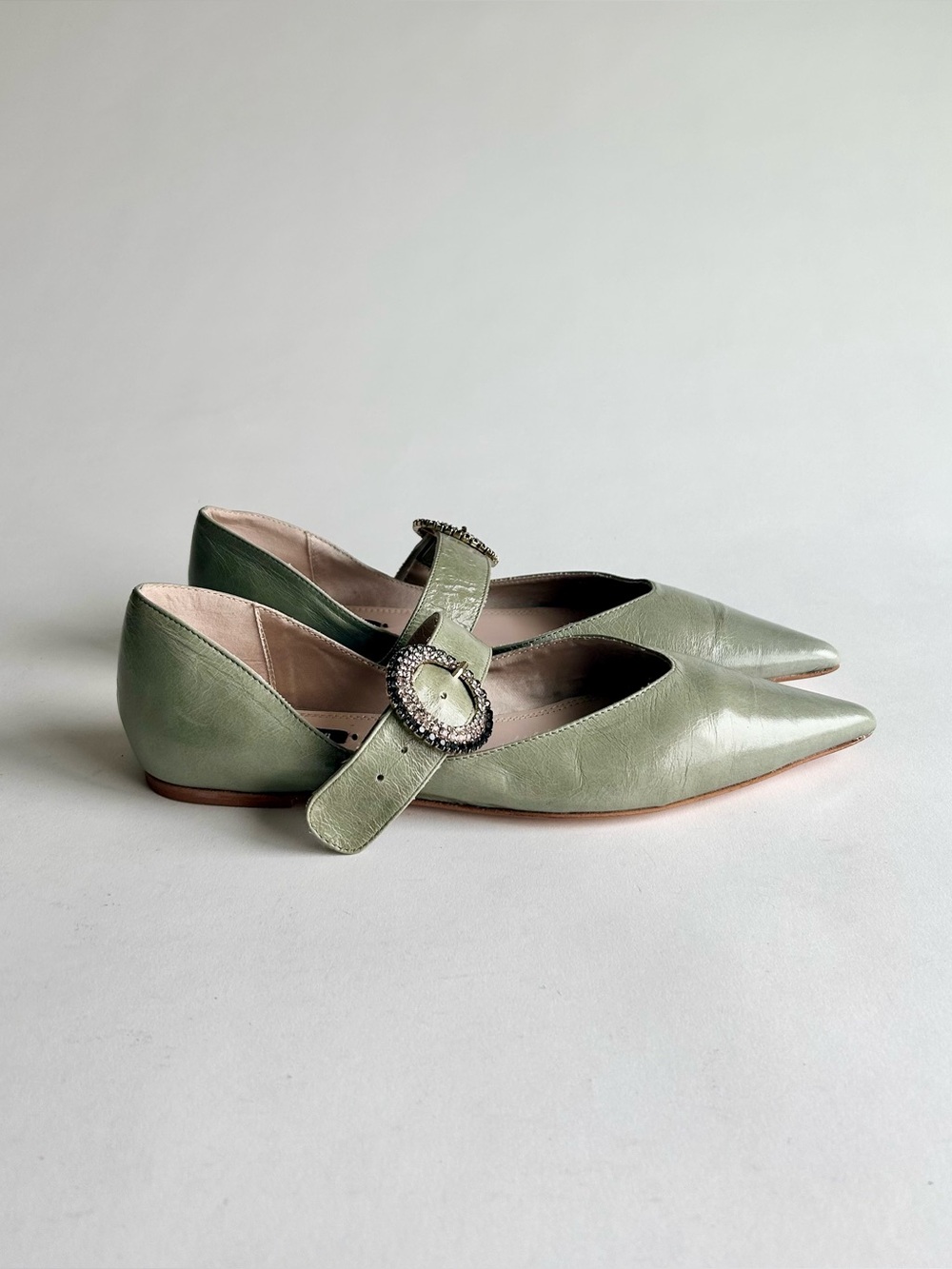 Zara Basic Green Leather Mary Jane Point Toe Glitter Buckle Flats size 7.5 - Picture 2 of 16